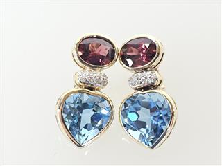 14K Yellow Gold Heavy Blue Topaz Garnet Diamond Omega Earrings